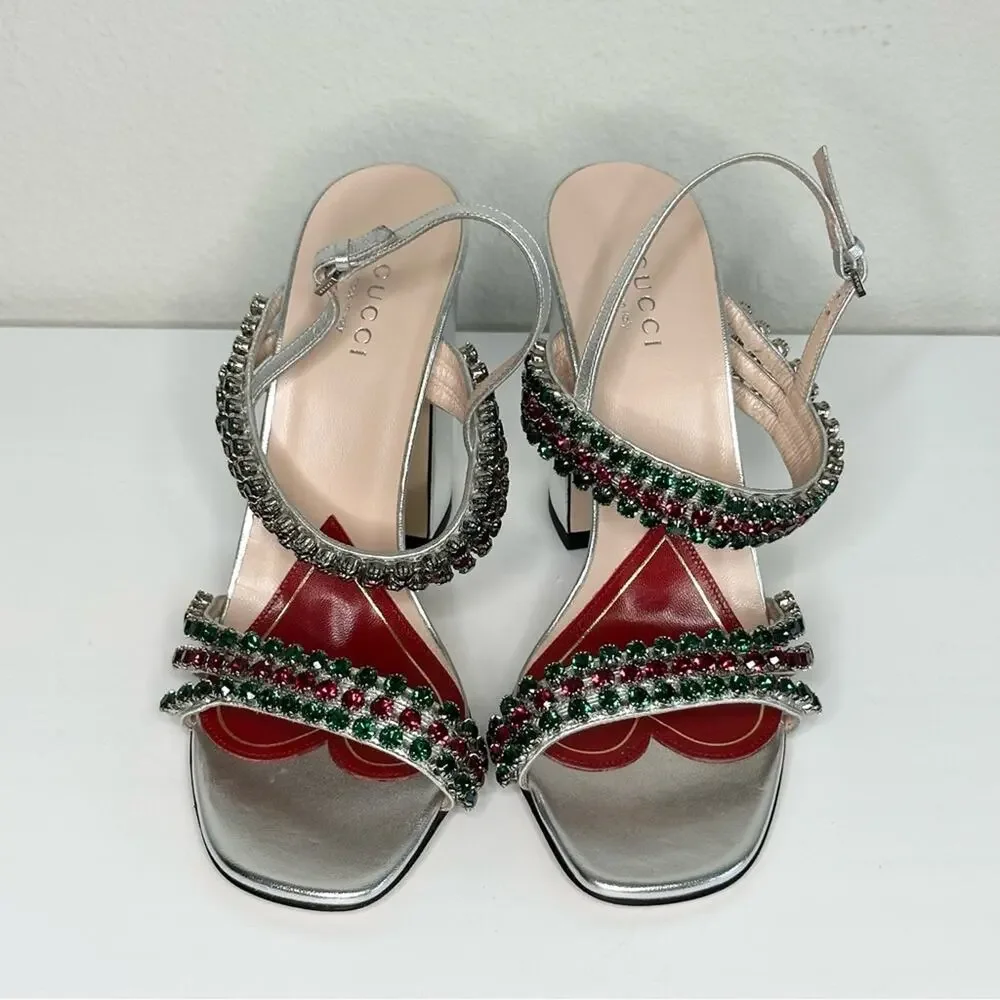 NEW GUCCI Bertie Nappa Leather Crystal Strappy Sandals Size 37 Silver - Picture 11 of 11